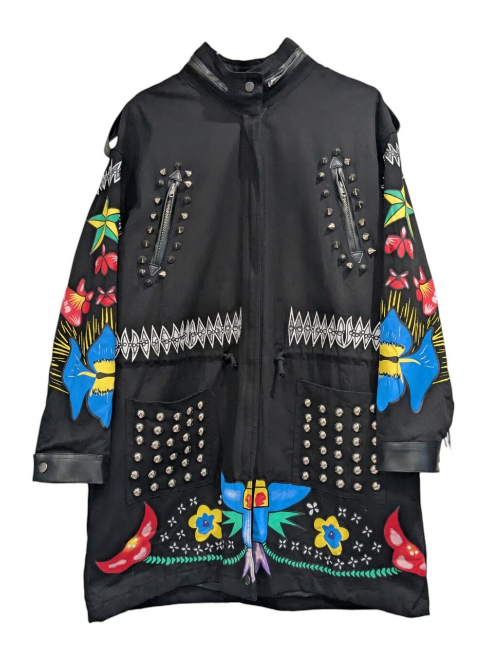 Timmy Woods Studded Utility Parka Jacket Embroidered Floral Bird Black
